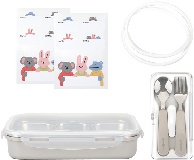 데일리라이크 봉봉 스텐 식판 세트, 오트, 식판 + 스푼포크 + 리필 고무패킹 + 스티커, 1세트