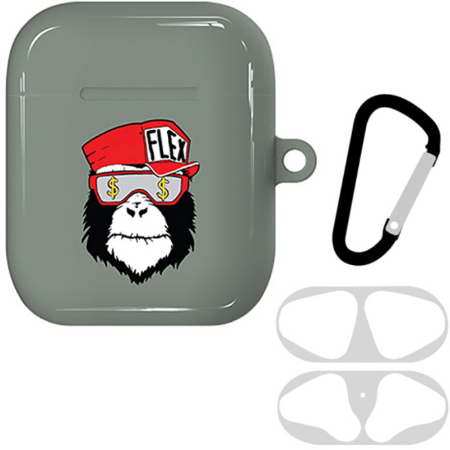 planC 미스터 시저 에어팟 1/2 공용 샤이닝 하드 케이스 + 철가루 방지 스티커 + 키링, 케이스(더스티 카키), 스티커, 키링(단일색상), 1개