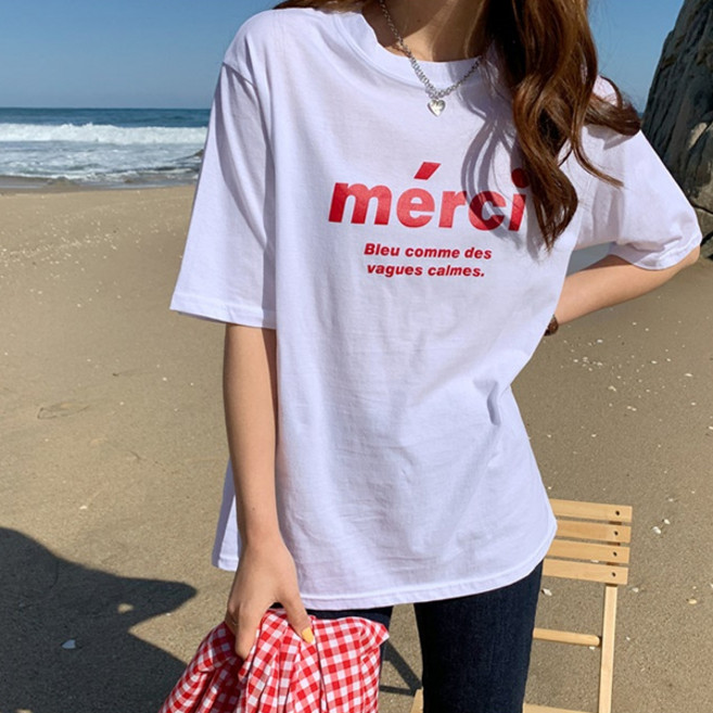 온더리버 여성용 메르디 레터링 반팔 티셔츠