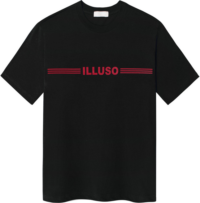 ILLUSO 中性款線條文字印花短袖T恤, 黑色
