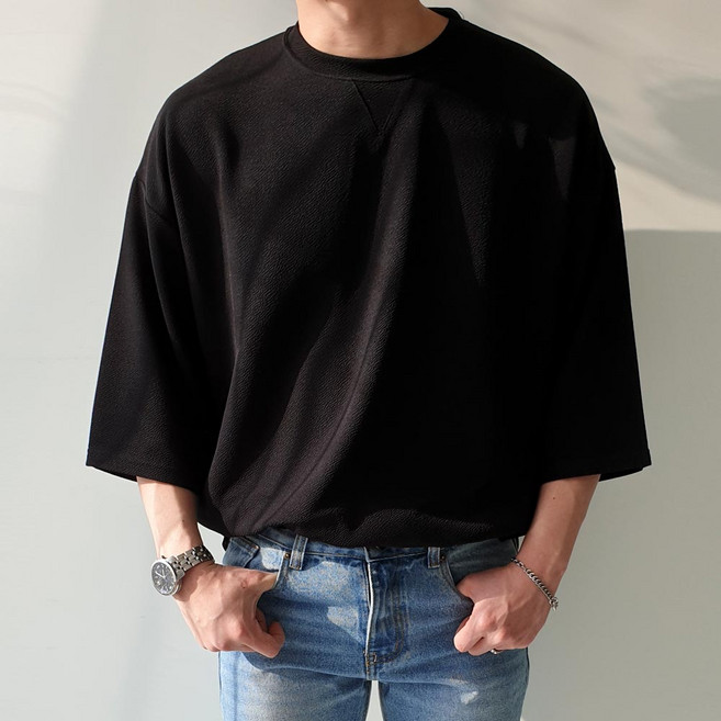 JHSTYLE 男士寬鬆壓紋開衩七分袖T恤 JHROK136