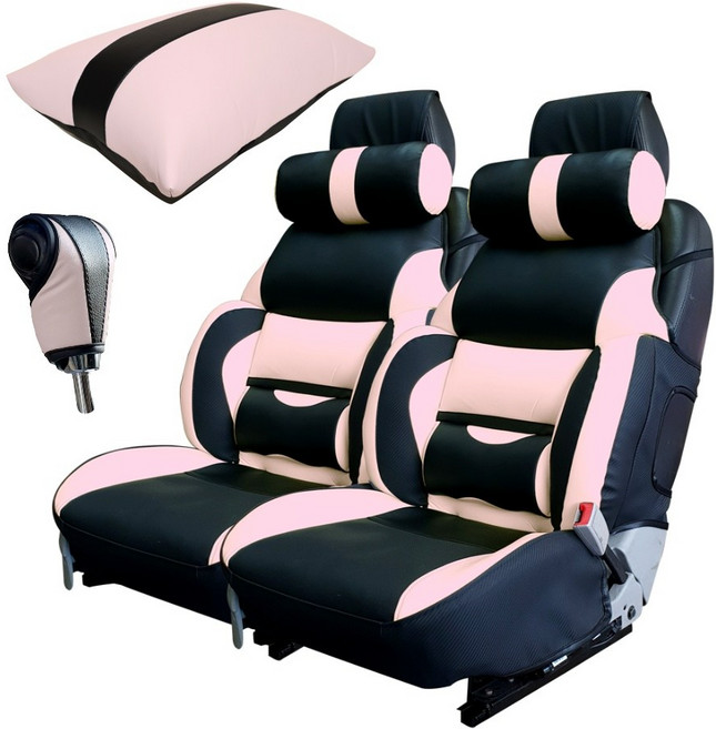 카월드 자동차 리무진 1열 시트커버 2p + 목쿠션 2p + 콘솔 팔쿠션 + 기어봉 커버 세트, 연핑크 + 블랙, 1세트