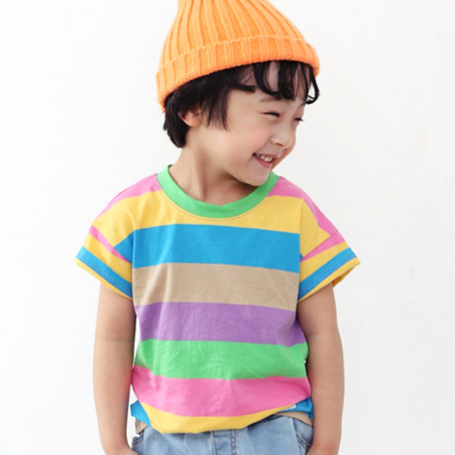 초코몽 아동용 통기성 무지개 라운드 티셔츠