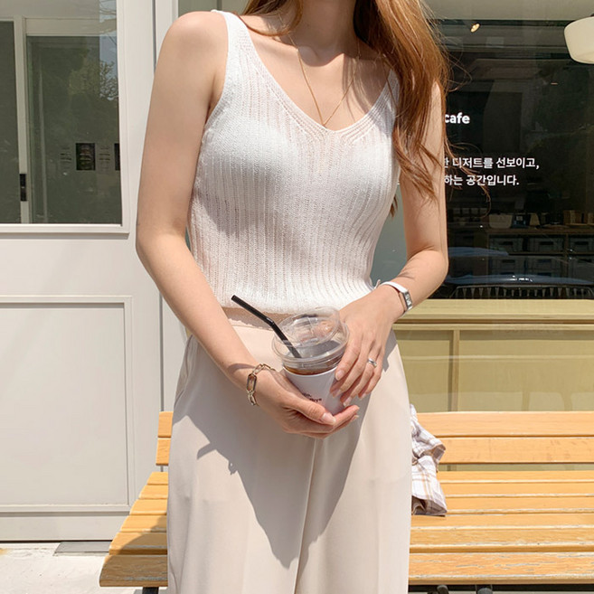 온더리버 여성용 엘로하찌 브이넥 니트 나시