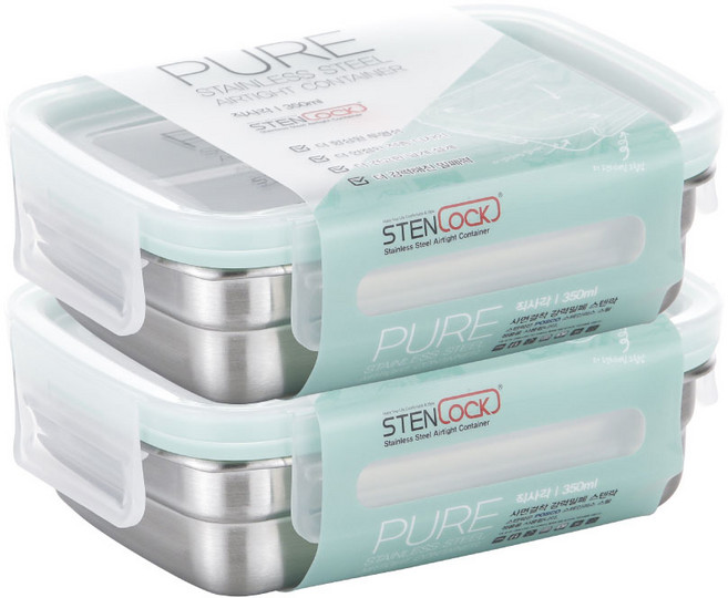 스텐락 퓨어 밀폐용기 직사각 3호, 2개, 350ml