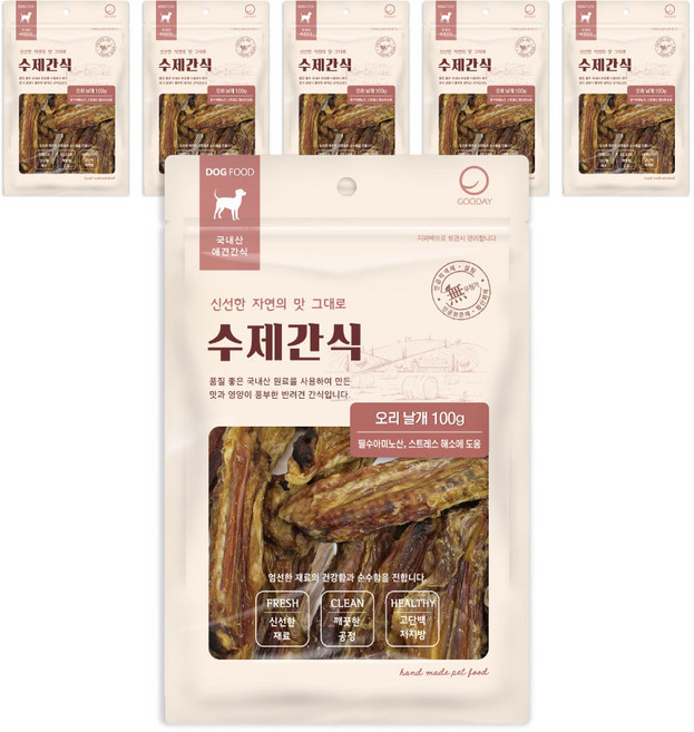 굿데이 건강 레시피 강아지 간식, 오리날개, 100g, 6개