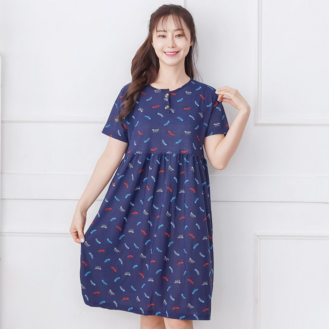 여성용 반팔 내추럴리프 까실 쿨 원피스 잠옷