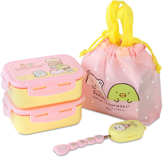 스미코구라시 뉴 사각밀폐 2단 도시락 + 편한스푼 + 스푼캡, 핑크, 1세트