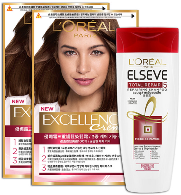 로레알파리 엑셀랑스 크림 염색제 5 자연갈색 2p + 토탈 리페어 5 샴푸 170ml 세트, 5호 자연 갈색, 1세트