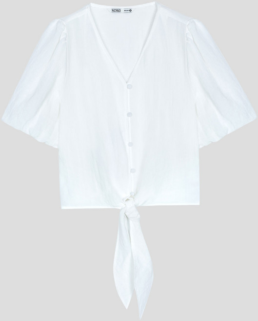 미쏘 V넥 퍼프소매 묶음 디테일 블라우스