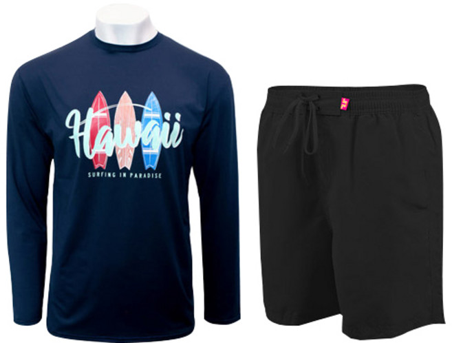 벤디스 남성용 하와이 긴팔 래쉬가드 상의 C264 + 비치팬츠 단색 A105 세트