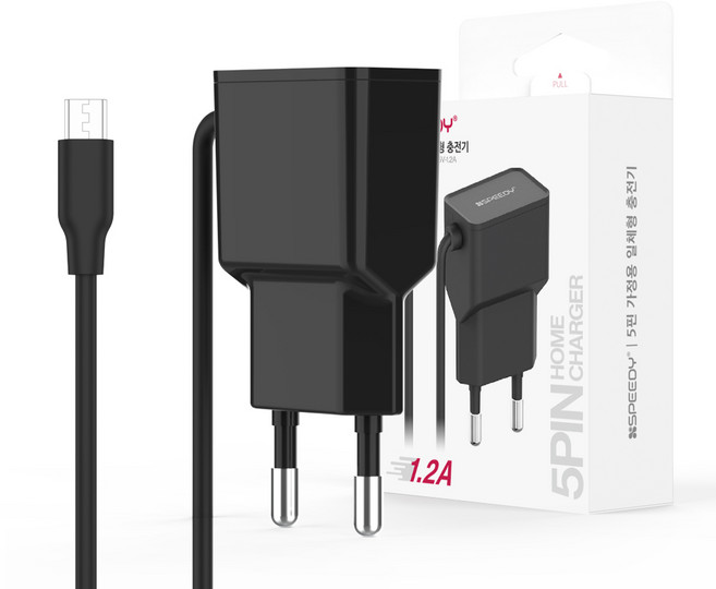 SPEEDY 케이블 일체형 유선충전기 5핀 1.2A, 블랙, 1개