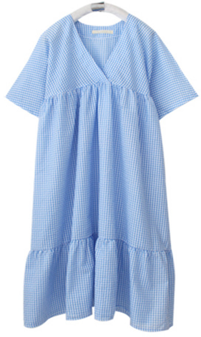 팡팡샵 C 반소매 브이넥 체크 5부 원피스 임부복