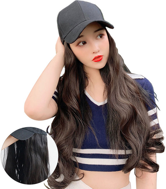 뿌이뿌이가발 여성 롱 웨이브 모자가발, 자연블랙, 1개