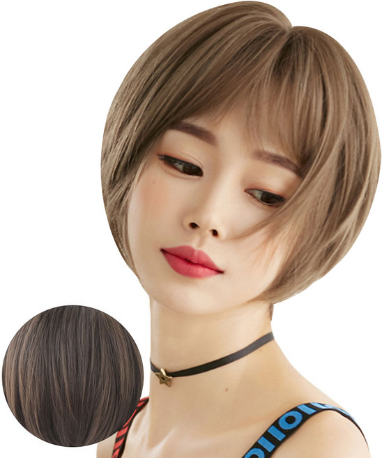 뿌이뿌이가발 여성 짧은 숏컷 통가발 미니컷, 다크브라운, 1개