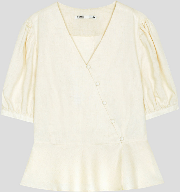 미쏘 V넥 랩형 퍼퓰럼 블라우스