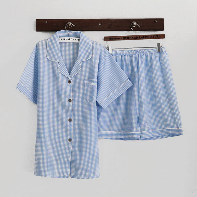 글램공감 커플용 냉감 지지미 스몰체크 반팔 파자마 상하의 세트