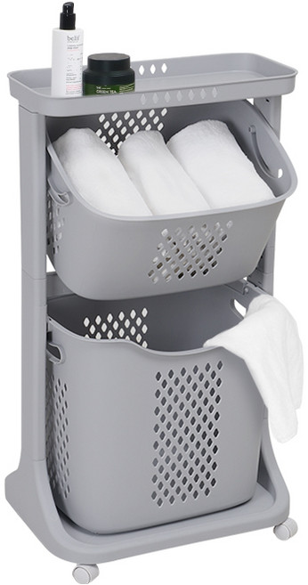 네이쳐리빙 모던 트롤리 스윙 2단 빨래바구니, 그레이