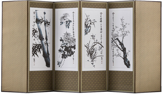 남원목기공예사 국산 미니멀 추사 사군자 비단 병풍, 1세트