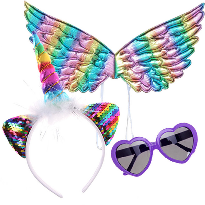 리빙다 스펀지 천사 날개 + 유니콘 머리띠 + 하트 모양 안경, 레인보우, 1세트