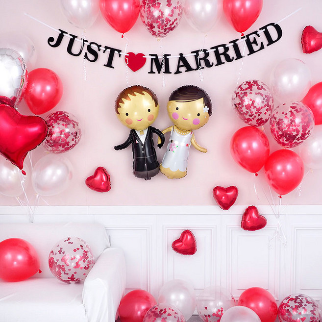 파티팡 레드하트 Just Married 웨딩 홈파티세트, 블랙, 1세트