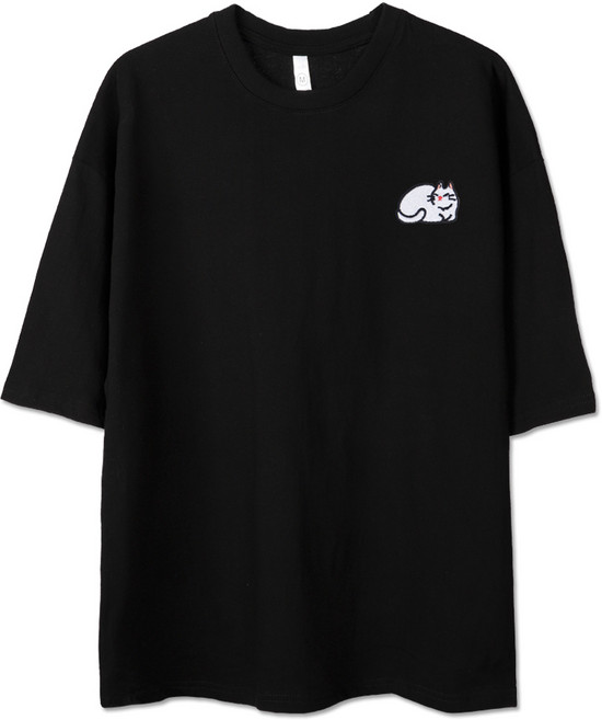 벤힛 남녀공용 통기성 자수 식빵냥 오버핏 반팔티셔츠