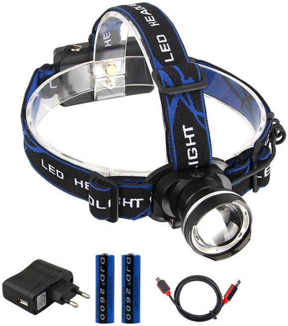 LED 충전식 1300루멘 헤드랜턴 XM-L2 + 어댑터, 블루, 1개