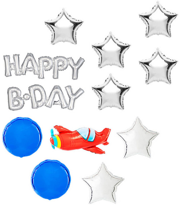 생일파티 장식 비행기 깜찍 HAPPY B DAY 세트, 실버, 1세트