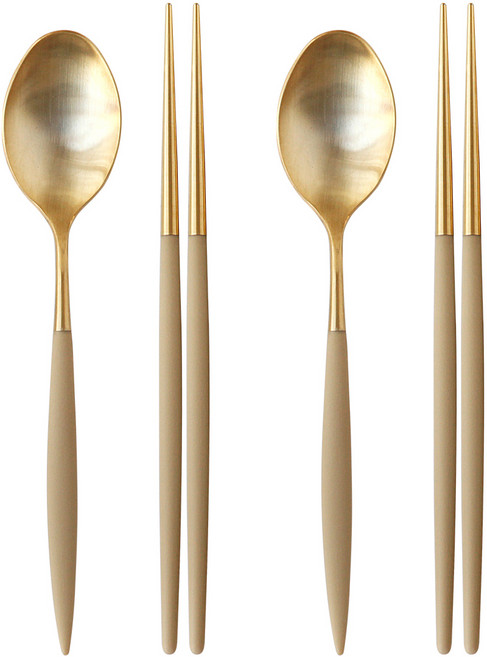 까사무띠 아모르 2인 한식수저세트 무광골드 베이지, 1세트, 디너스푼 2p + 젓가락 2벌