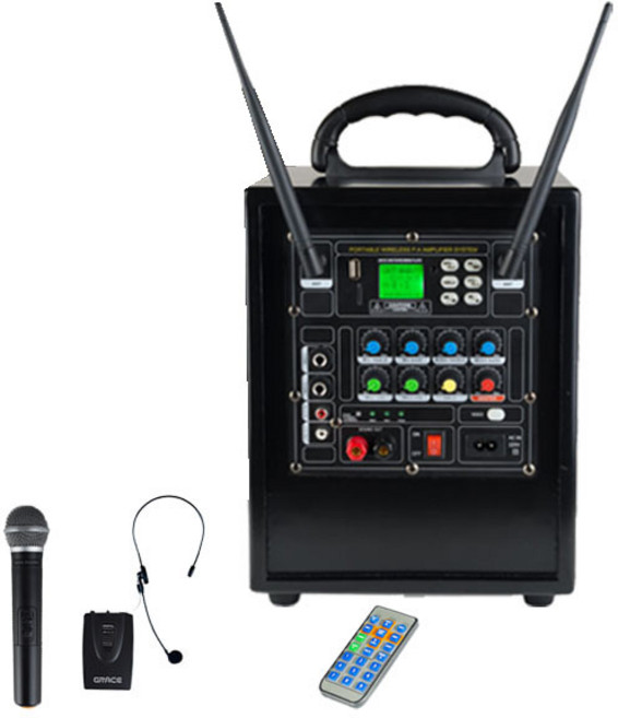 그레이스 블루투스 충전식휴대용 이동형앰프 150W + 핸드형 무선마이크 + 헤드셋형 무선마이크 + AC케이블 + 적외선리모컨, EG-153(앰프)