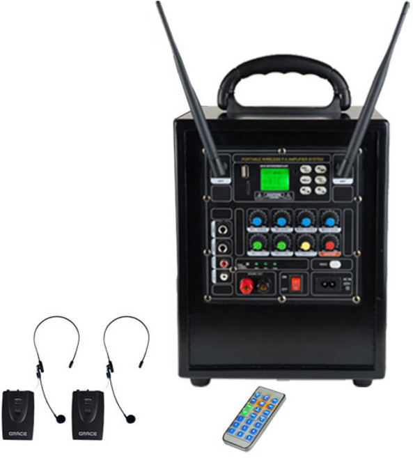 그레이스 블루투스 충전식 이동형 앰프 20.32cm + 헤드셋형 무선마이크 2p, EG-153