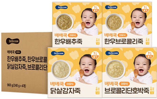 베베쿡 실온이유식 240g x 4종 세트 중기, 한우 + 배추 혼합맛, 한우 + 브로콜리 혼합맛, 닭살 + 감자죽 혼합맛, 브로콜리 + 단호박죽 혼합맛, 1세트