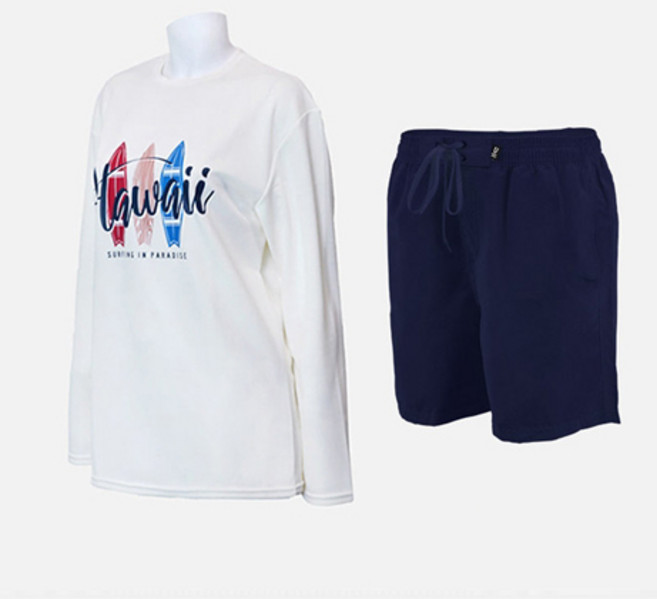 벤디스 남성용 하와이 긴팔 래쉬가드 상의 C264 + 단색 비치팬츠 A105 세트