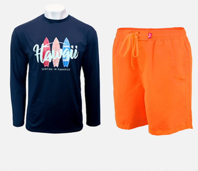 벤디스 남성용 하와이 긴팔 래쉬가드 상의 C264 + 단색 비치팬츠 A105 세트
