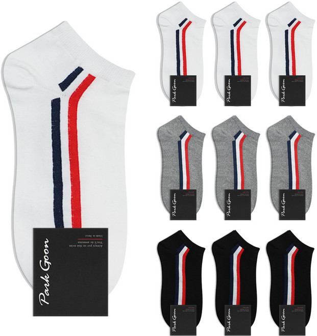 박군 남성용 신사 트리플라인 스니커즈 양말 화이트 4족 + 그레이 3족 + 블랙 3족