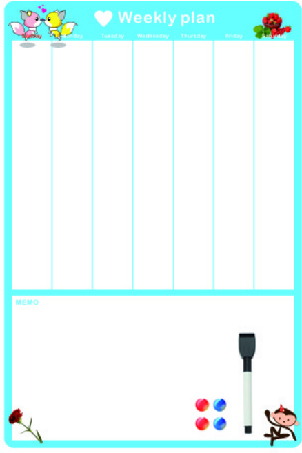 금강칠판 토돌이 다용도 자석 주간스케줄보드 스카이 세로형 + 지우개 부착 자석 보드펜 검정 + 원형자석 4p 세트