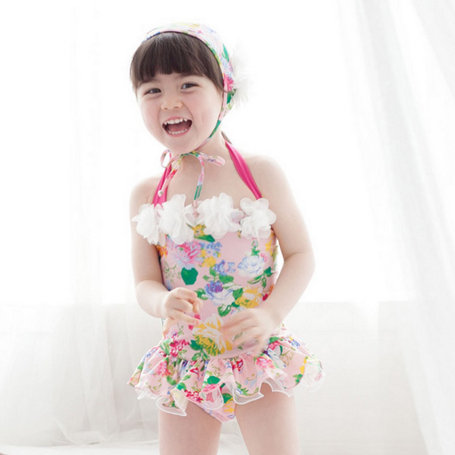 JOYMULTI 花朵嬰幼兒泳衣 + 泳帽組