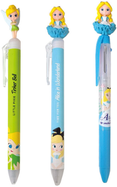 디즈니프린세스 마스코트 퀵 드라이 흑색 젤 펜 팅커벨 0.5mm + 앨리스 0.5mm + 3색 중성 볼펜 앨리스 0.5mm, 혼합색상, 1세트