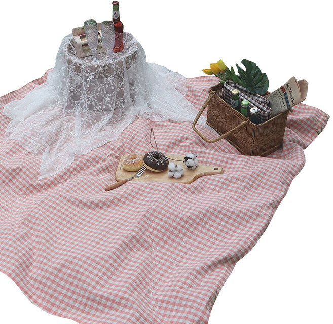 픽홈 단면방수 린넨 체크 피크닉 돗자리, 인디핑크