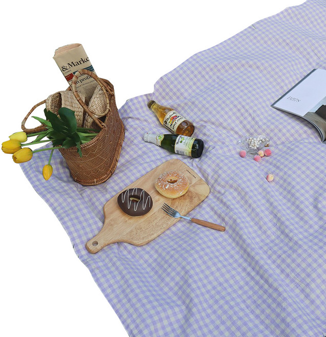 픽홈 단면방수 린넨 체크 피크닉 돗자리, 퍼플