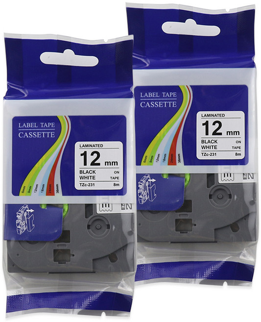 제이씨라인 부라더 PT-P710BT / P300BT / D600 / P700 / D200 / P900W 호환 라벨테이프 TZc-231 12mm 2p, 8m, 흰색바탕 + 검정글자