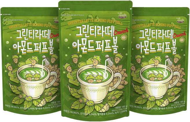 탐스팜 그린티라떼 아몬드 퍼프볼, 180g, 3개