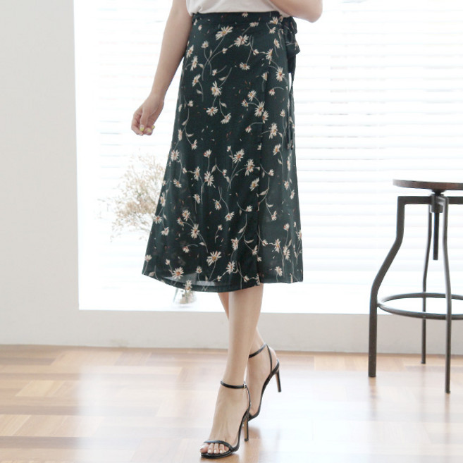 세이스타일 플라워 쉬폰 랩 롱스커트
