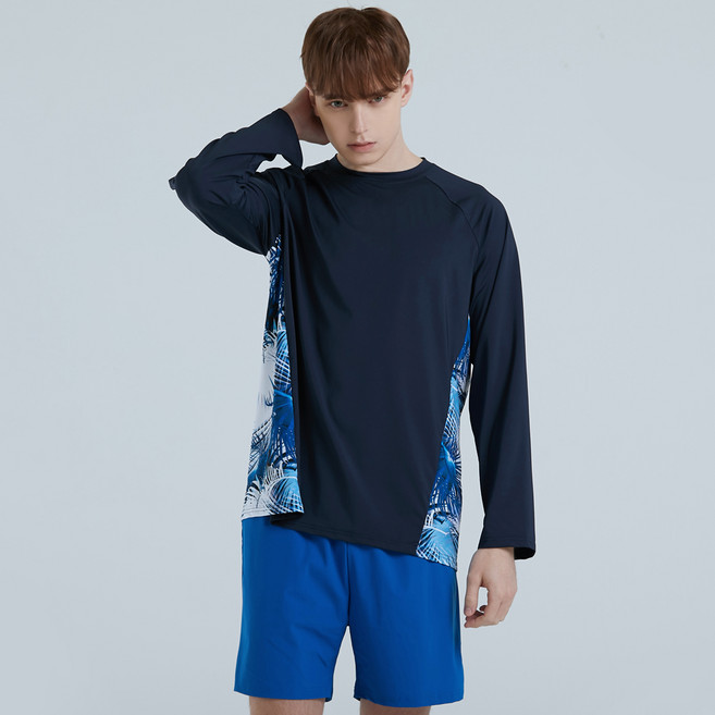 에이치머스 남성용 하와이 오버핏 래쉬가드 상의 + 워터보드숏 하의 세트, 상의(혼합색상), 하의(블루)