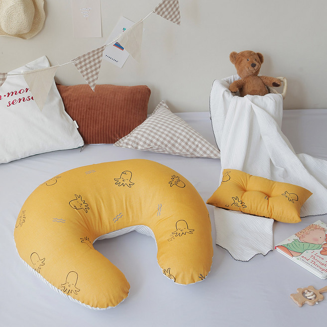 데코원 엘모 순면 신생아 수유쿠션 베개 세트, 머스타드