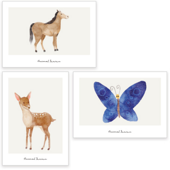 수채화 일러스터 동물포스터 말 + 나비 + 아기사슴