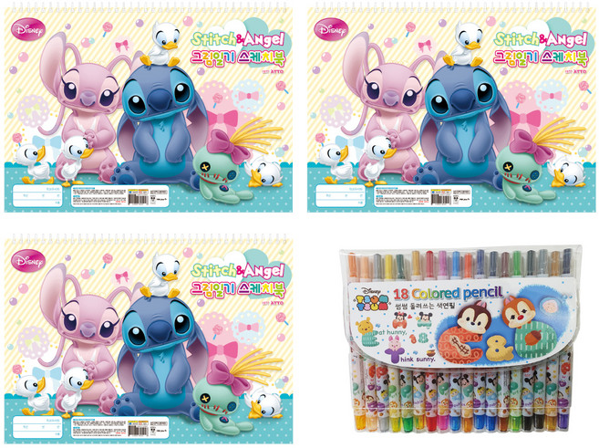 디즈니 스티치 그림일기 스케치북 3p + 썸썸 18색 색연필 세트, 혼합색상, 1세트