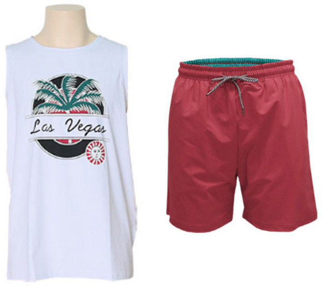 벤디스 남성용 라스베가스 래쉬가드 상의 C289 + 사이디드 팬츠 M613 세트, 화이트(상의), 로즈핑크(하의)