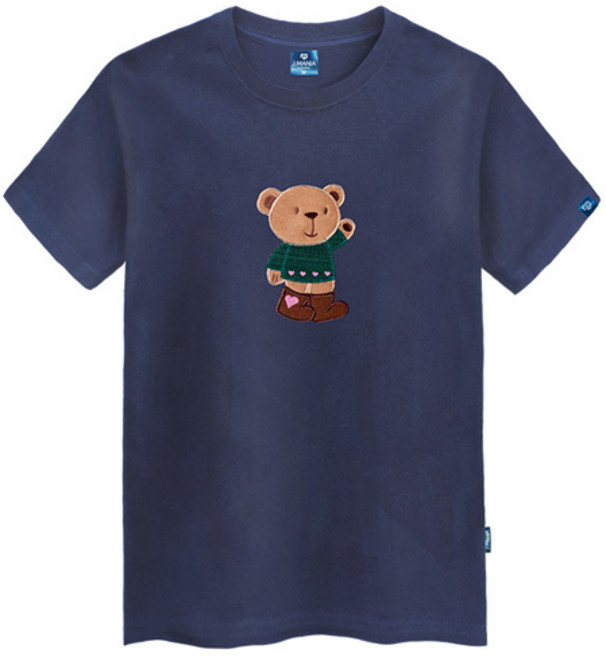 진마니아 남녀공용 곰돌이 자수 패치 라운드 통기성 반팔 티셔츠 TS-708