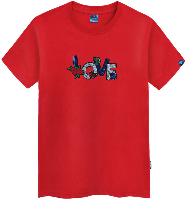 진마니아 남녀공용 LOVE 스팽글 자수 라운드 빅사이즈 반팔티 TS-801